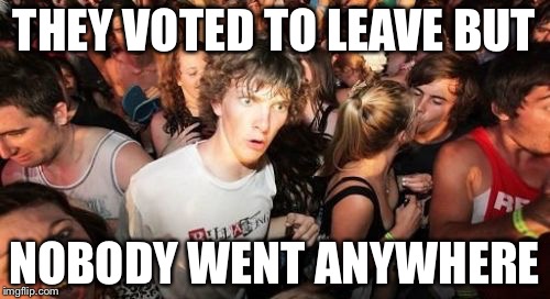 Sudden Clarity Clarence | THEY VOTED TO LEAVE BUT; NOBODY WENT ANYWHERE | image tagged in memes,sudden clarity clarence | made w/ Imgflip meme maker