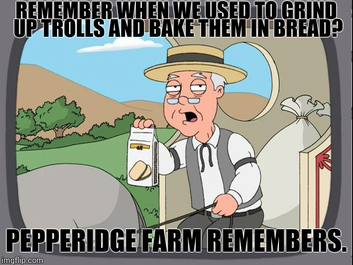  REMEMBER WHEN WE USED TO GRIND UP TROLLS AND BAKE THEM IN BREAD? PEPPERIDGE FARM REMEMBERS. | image tagged in f | made w/ Imgflip meme maker