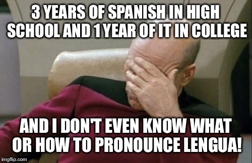 I Was Out Making Deliveries And I Ended Up Ordering The Food At This Place Called King Taco, It Was Embarrassing… | 3 YEARS OF SPANISH IN HIGH SCHOOL AND 1 YEAR OF IT IN COLLEGE; AND I DON'T EVEN KNOW WHAT OR HOW TO PRONOUNCE LENGUA! | image tagged in memes,captain picard facepalm,spanish,bellflower,akward,yo no se | made w/ Imgflip meme maker