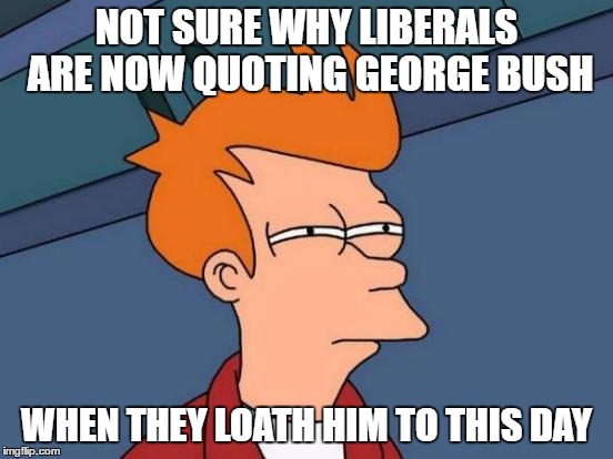 Futurama Fry Meme | NOT SURE WHY LIBERALS ARE NOW QUOTING GEORGE BUSH WHEN THEY LOATH HIM TO THIS DAY | image tagged in memes,futurama fry | made w/ Imgflip meme maker