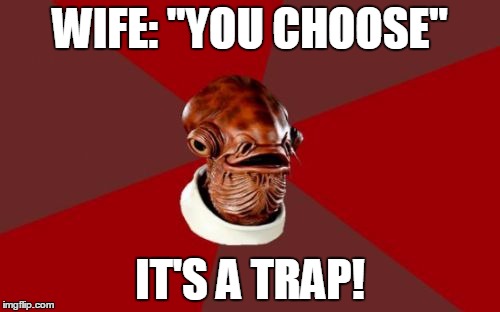 Admiral Ackbar Relationship Expert | WIFE: "YOU CHOOSE"; IT'S A TRAP! | image tagged in memes,admiral ackbar relationship expert | made w/ Imgflip meme maker