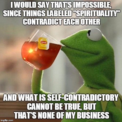 But That's None Of My Business Meme | I WOULD SAY THAT'S IMPOSSIBLE, SINCE THINGS LABELED "SPIRITUALITY" CONTRADICT EACH OTHER AND WHAT IS SELF-CONTRADICTORY CANNOT BE TRUE, BUT  | image tagged in memes,but thats none of my business,kermit the frog | made w/ Imgflip meme maker