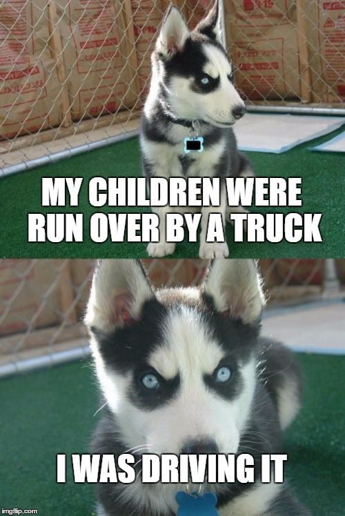 Insanity Puppy | MY CHILDREN WERE RUN OVER BY A TRUCK; I WAS DRIVING IT | image tagged in memes,insanity puppy,children,truck,run over,driving | made w/ Imgflip meme maker