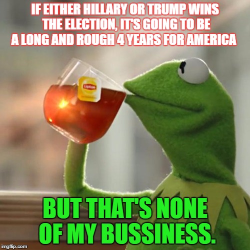 Lucky Europeans, You Guys Won't have to Deal With This S*it! :P | IF EITHER HILLARY OR TRUMP WINS THE ELECTION, IT'S GOING TO BE A LONG AND ROUGH 4 YEARS FOR AMERICA; BUT THAT'S NONE OF MY BUSSINESS. | image tagged in memes,but thats none of my business,kermit the frog | made w/ Imgflip meme maker