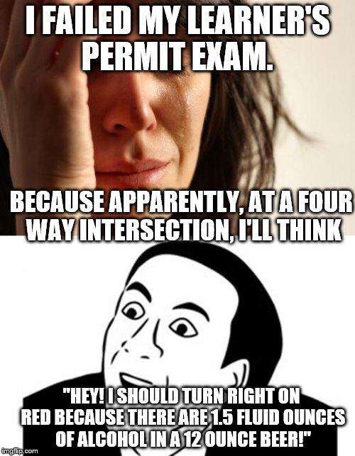 had 17 logic questions right with 5 statistics questions left needed 18 right in total. Missed all five in a row.  | I FAILED MY LEARNER'S PERMIT EXAM. BECAUSE APPARENTLY, AT A FOUR WAY INTERSECTION, I'LL THINK; "HEY! I SHOULD TURN RIGHT ON RED BECAUSE THERE ARE 1.5 FLUID OUNCES OF ALCOHOL IN A 12 OUNCE BEER!" | image tagged in you dont say,memes,first world problems | made w/ Imgflip meme maker