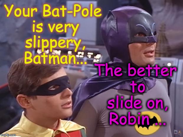 Gay Innuendo Batman and Robin | Your Bat-Pole is very slippery, Batman... The better to slide on, Robin ... | image tagged in batman and robin | made w/ Imgflip meme maker