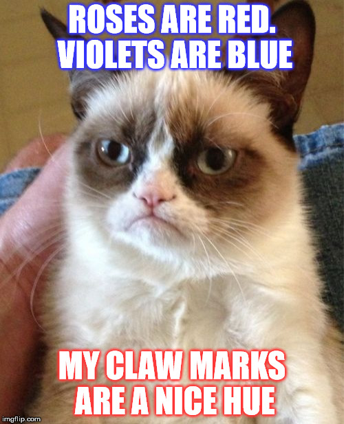 Grumpy Cat Meme | ROSES ARE RED. VIOLETS ARE BLUE; MY CLAW MARKS ARE A NICE HUE | image tagged in memes,grumpy cat | made w/ Imgflip meme maker