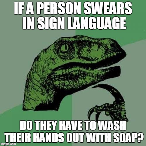 Philosoraptor | IF A PERSON SWEARS IN SIGN LANGUAGE; DO THEY HAVE TO WASH THEIR HANDS OUT WITH SOAP? | image tagged in memes,philosoraptor | made w/ Imgflip meme maker