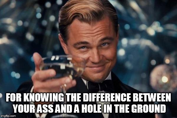 Leonardo Dicaprio Cheers Meme | FOR KNOWING THE DIFFERENCE BETWEEN YOUR ASS AND A HOLE IN THE GROUND | image tagged in memes,leonardo dicaprio cheers | made w/ Imgflip meme maker
