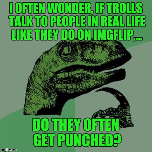 Seriously, some of these guys talk like A-holes, that's not a normal way of discussion, Callin' people names n sh#t? | I OFTEN WONDER, IF TROLLS TALK TO PEOPLE IN REAL LIFE LIKE THEY DO ON IMGFLIP,... DO THEY OFTEN GET PUNCHED? | image tagged in memes,philosoraptor,sewmyeyesshut,trolls | made w/ Imgflip meme maker