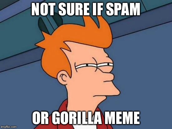 Futurama Fry Meme | NOT SURE IF SPAM OR GORILLA MEME | image tagged in memes,futurama fry | made w/ Imgflip meme maker