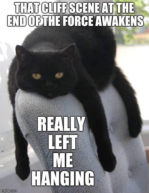Draped Cat Be Like | THAT CLIFF SCENE AT THE END OF THE FORCE AWAKENS; REALLY LEFT ME HANGING | image tagged in black cat draped on chair,draped cat,the force awakens  cliff scene,left me hanging,funny | made w/ Imgflip meme maker