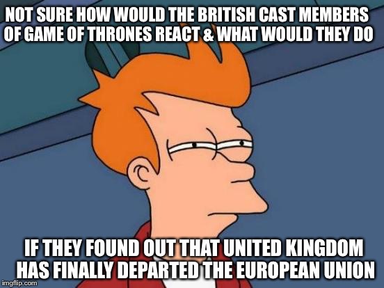 Futurama Fry Meme | NOT SURE HOW WOULD THE BRITISH CAST MEMBERS OF GAME OF THRONES REACT & WHAT WOULD THEY DO; IF THEY FOUND OUT THAT UNITED KINGDOM HAS FINALLY DEPARTED THE EUROPEAN UNION | image tagged in memes,futurama fry | made w/ Imgflip meme maker