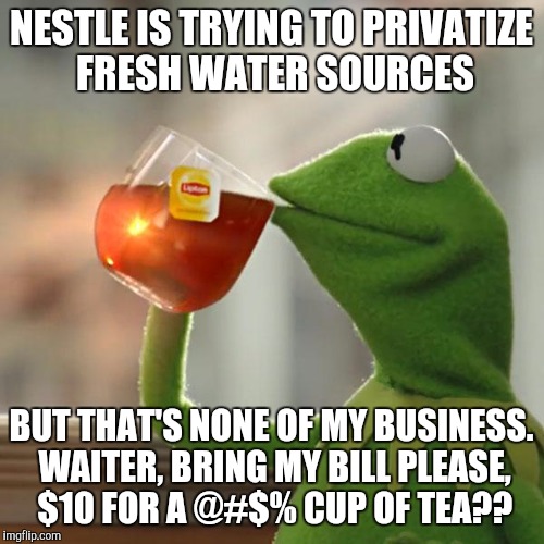 But That's None Of My Business Meme |  NESTLE IS TRYING TO PRIVATIZE FRESH WATER SOURCES; BUT THAT'S NONE OF MY BUSINESS. WAITER, BRING MY BILL PLEASE, $10 FOR A @#$% CUP OF TEA?? | image tagged in memes,but thats none of my business,kermit the frog | made w/ Imgflip meme maker