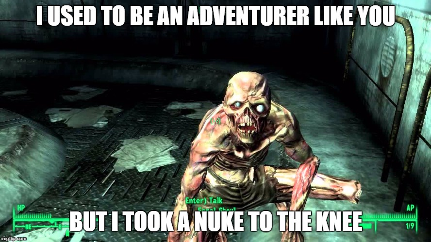 Nuke to the knee | I USED TO BE AN ADVENTURER LIKE YOU; BUT I TOOK A NUKE TO THE KNEE | image tagged in fallout 3 | made w/ Imgflip meme maker