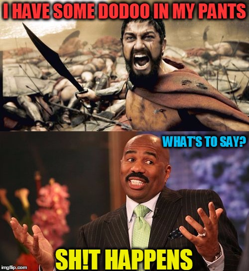 ...happens | I HAVE SOME DODOO IN MY PANTS; WHAT'S TO SAY? SH!T HAPPENS | image tagged in spartan leonidas,shit,problem,steve harvery,so true memes,memes | made w/ Imgflip meme maker