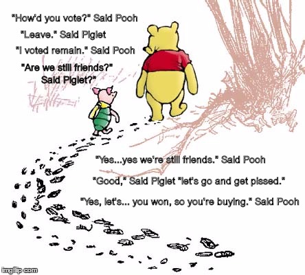 pooh | "How'd you vote?" Said Pooh; "Leave." Said Piglet; "I voted remain." Said Pooh; "Are we still friends?" Said Piglet?"; "Yes...yes we're still friends." Said Pooh; "Good," Said Piglet "let's go and get pissed."; "Yes, let's... you won, so you're buying." Said Pooh | image tagged in pooh | made w/ Imgflip meme maker