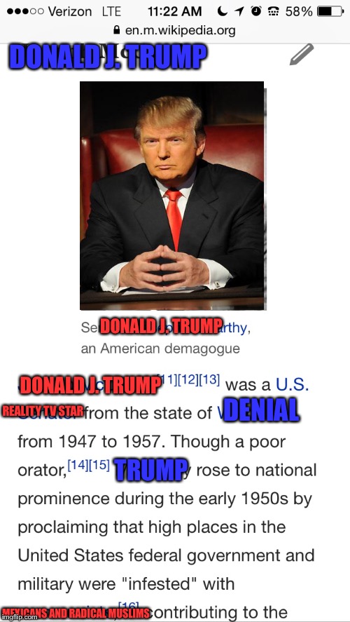 Donald J. McCarthy | DONALD J. TRUMP; DONALD J. TRUMP; DONALD J. TRUMP; DENIAL; REALITY TV STAR; TRUMP; MEXICANS AND RADICAL MUSLIMS | image tagged in anti trump meme,donald trump,trump 2016 | made w/ Imgflip meme maker