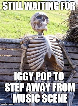 Between him and Mick Jagger .... lol | STILL WAITING FOR; IGGY POP TO STEP AWAY FROM MUSIC SCENE | image tagged in memes,waiting skeleton | made w/ Imgflip meme maker