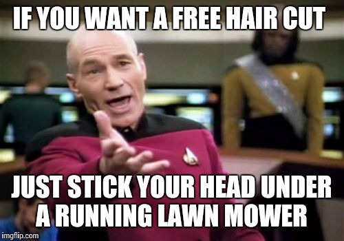 Bad advice Picard | IF YOU WANT A FREE HAIR CUT; JUST STICK YOUR HEAD UNDER A RUNNING LAWN MOWER | image tagged in memes,picard wtf | made w/ Imgflip meme maker