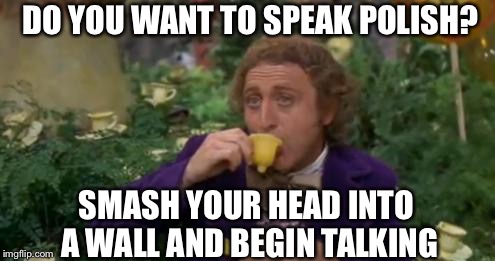Willy Wonka Drinking Tea | DO YOU WANT TO SPEAK POLISH? SMASH YOUR HEAD INTO A WALL AND BEGIN TALKING | image tagged in willy wonka drinking tea | made w/ Imgflip meme maker