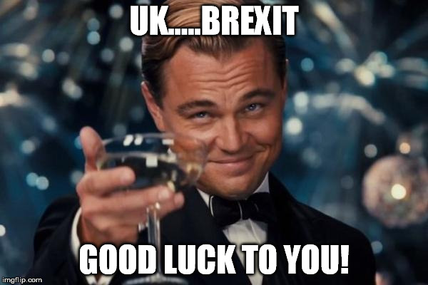 Leonardo toasts UK | UK.....BREXIT; GOOD LUCK TO YOU! | image tagged in memes,leonardo dicaprio cheers,brexit,leonardo dicaprio toast,uk | made w/ Imgflip meme maker