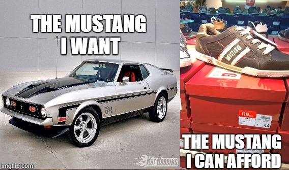 life is hard | THE MUSTANG I WANT; THE MUSTANG I CAN AFFORD | image tagged in memes,cars,mustang,shoes,money,want | made w/ Imgflip meme maker