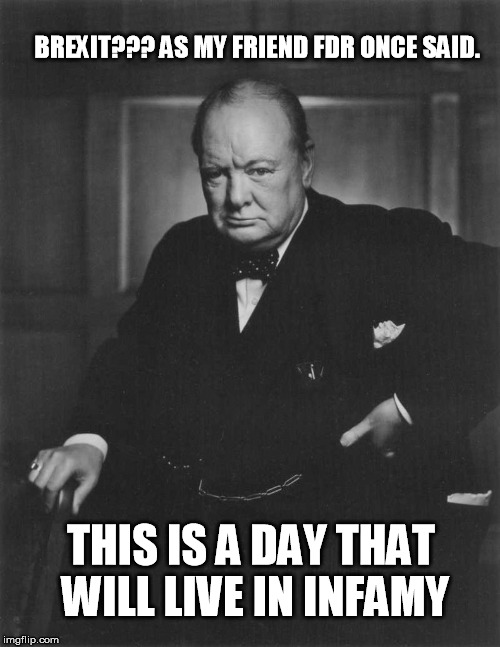 Even Winston is not happy | BREXIT??? AS MY FRIEND FDR ONCE SAID. THIS IS A DAY THAT WILL LIVE IN INFAMY | image tagged in winston churchill,brexit,uk,memes,money,fdr | made w/ Imgflip meme maker