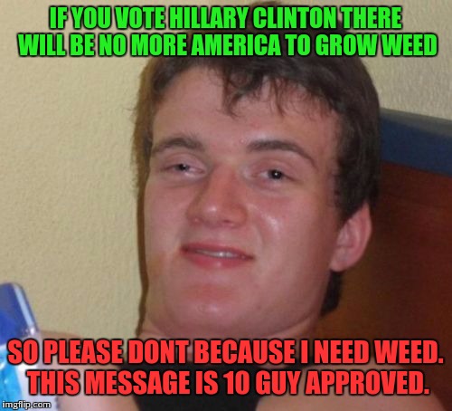 10 guy has his priorities in check | IF YOU VOTE HILLARY CLINTON THERE WILL BE NO MORE AMERICA TO GROW WEED; SO PLEASE DONT BECAUSE I NEED WEED. THIS MESSAGE IS 10 GUY APPROVED. | image tagged in memes,10 guy,hillary clinton,weed | made w/ Imgflip meme maker