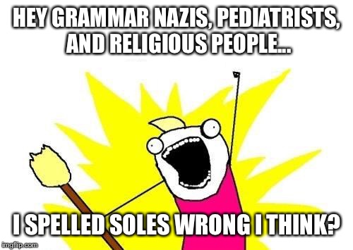 X All The Y Meme | HEY GRAMMAR NAZIS, PEDIATRISTS, AND RELIGIOUS PEOPLE... I SPELLED SOLES WRONG I THINK? | image tagged in memes,x all the y | made w/ Imgflip meme maker