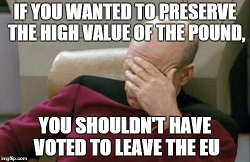 What did you think was going to happen?? | IF YOU WANTED TO PRESERVE THE HIGH VALUE OF THE POUND, YOU SHOULDN'T HAVE VOTED TO LEAVE THE EU | image tagged in memes,captain picard facepalm,brexit | made w/ Imgflip meme maker