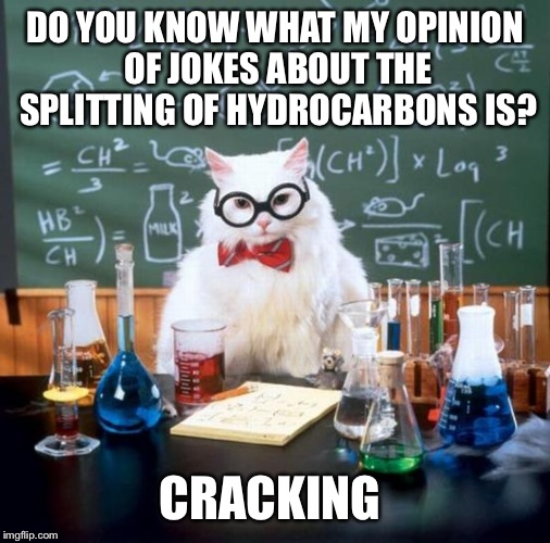 Chemistry Cat Meme | DO YOU KNOW WHAT MY OPINION OF JOKES ABOUT THE SPLITTING OF HYDROCARBONS IS? CRACKING | image tagged in memes,chemistry cat,cracking,oil,government | made w/ Imgflip meme maker