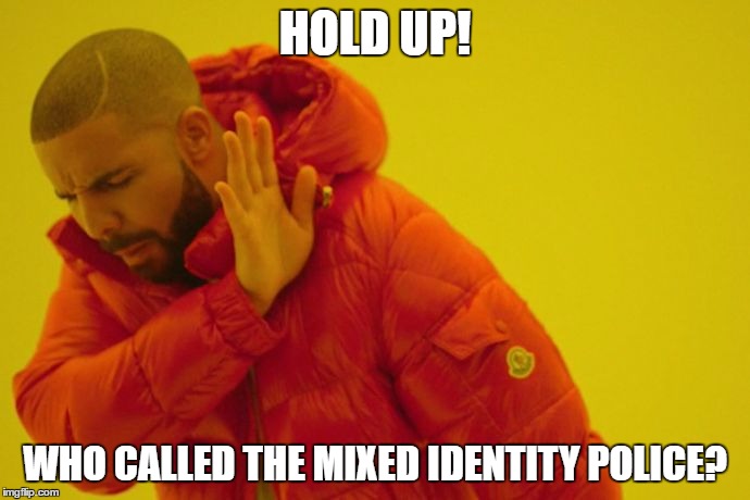 Drake hotline bling | HOLD UP! WHO CALLED THE MIXED IDENTITY POLICE? | image tagged in drake hotline bling | made w/ Imgflip meme maker