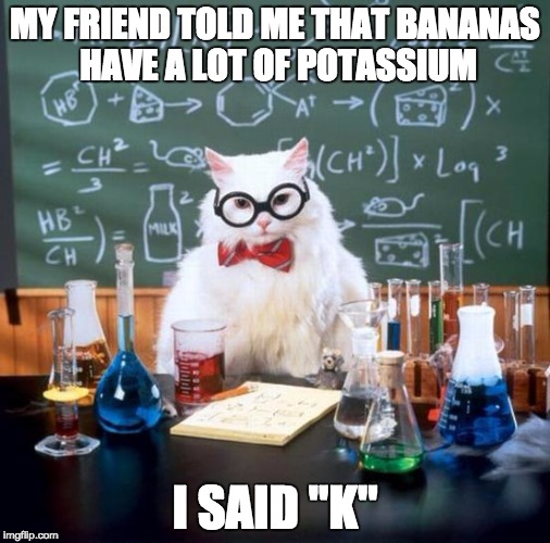 Chemistry Cat | MY FRIEND TOLD ME THAT BANANAS HAVE A LOT OF POTASSIUM; I SAID "K" | image tagged in memes,chemistry cat | made w/ Imgflip meme maker