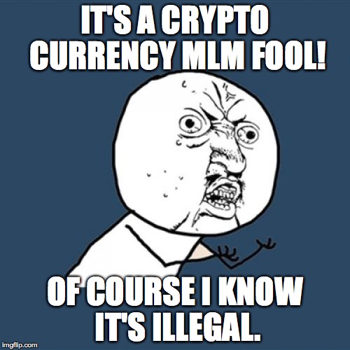 Y U No | IT'S A CRYPTO CURRENCY MLM FOOL! OF COURSE I KNOW IT'S ILLEGAL. | image tagged in memes,y u no | made w/ Imgflip meme maker