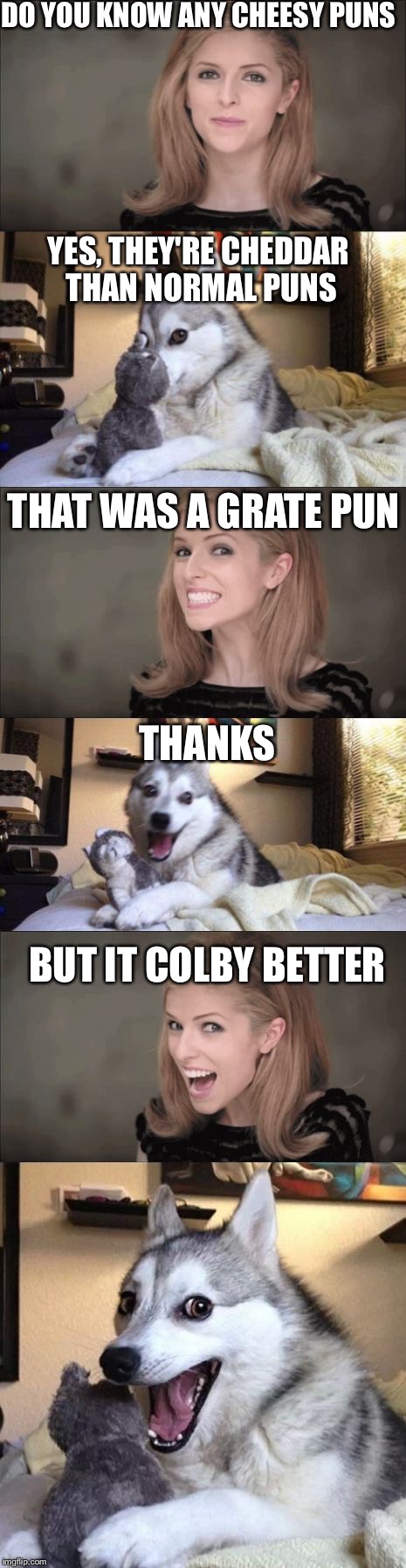 Anna and Bad Pun Dog Work Together | DO YOU KNOW ANY CHEESY PUNS; YES, THEY'RE CHEDDAR THAN NORMAL PUNS; THAT WAS A GRATE PUN; THANKS; BUT IT COLBY BETTER | image tagged in anna and bad pun dog work together | made w/ Imgflip meme maker