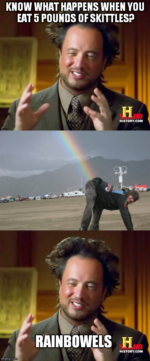 Skittleshits | KNOW WHAT HAPPENS WHEN YOU EAT 5 POUNDS OF SKITTLES? RAINBOWELS | image tagged in memes,skittleshits,rainbowels,ancient aliens | made w/ Imgflip meme maker