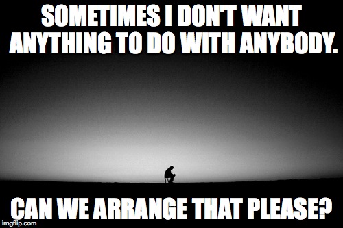 alone | SOMETIMES I DON'T WANT ANYTHING TO DO WITH ANYBODY. CAN WE ARRANGE THAT PLEASE? | image tagged in alone | made w/ Imgflip meme maker
