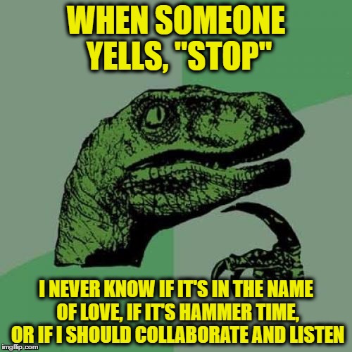 Philosoraptor Meme | WHEN SOMEONE YELLS, "STOP"; I NEVER KNOW IF IT'S IN THE NAME OF LOVE, IF IT'S HAMMER TIME, OR IF I SHOULD COLLABORATE AND LISTEN | image tagged in memes,philosoraptor | made w/ Imgflip meme maker