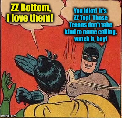Batman Slapping Robin Meme | ZZ Bottom, i love them! You idiot!  It's ZZ Top!  Those Texans don't take kind to name calling, watch it, boy! | image tagged in memes,batman slapping robin | made w/ Imgflip meme maker