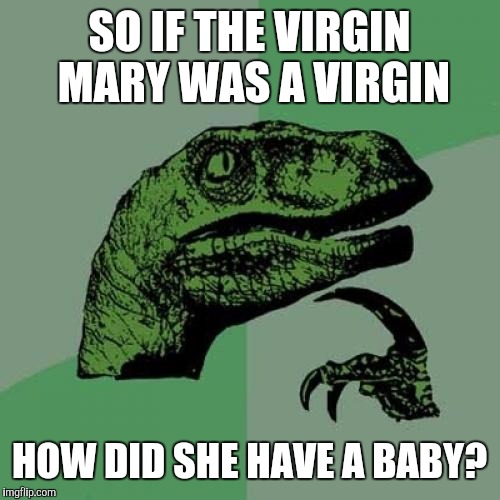 Philosoraptor Meme |  SO IF THE VIRGIN MARY WAS A VIRGIN; HOW DID SHE HAVE A BABY? | image tagged in memes,philosoraptor | made w/ Imgflip meme maker