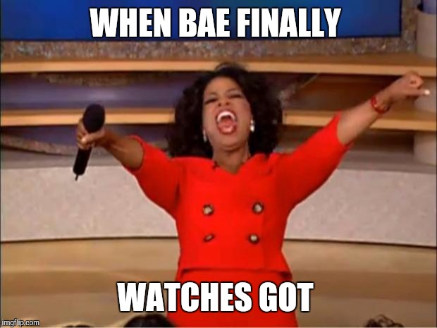 Oprah You Get A | WHEN BAE FINALLY; WATCHES GOT | image tagged in memes,oprah you get a | made w/ Imgflip meme maker
