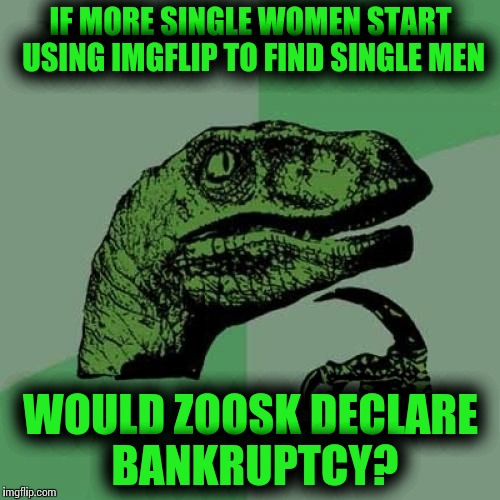 Philosoraptors theory on dating... | IF MORE SINGLE WOMEN START USING IMGFLIP TO FIND SINGLE MEN; WOULD ZOOSK DECLARE BANKRUPTCY? | image tagged in memes,philosoraptor | made w/ Imgflip meme maker
