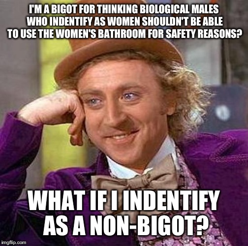 Uh, Houston, we have a problem.. | I'M A BIGOT FOR THINKING BIOLOGICAL MALES WHO INDENTIFY AS WOMEN SHOULDN'T BE ABLE TO USE THE WOMEN'S BATHROOM FOR SAFETY REASONS? WHAT IF I INDENTIFY AS A NON-BIGOT? | image tagged in memes,creepy condescending wonka | made w/ Imgflip meme maker