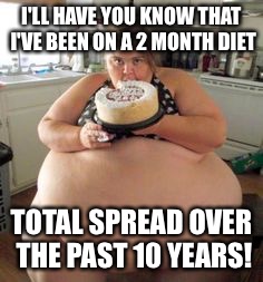 I'LL HAVE YOU KNOW THAT I'VE BEEN ON A 2 MONTH DIET TOTAL SPREAD OVER THE PAST 10 YEARS! | made w/ Imgflip meme maker