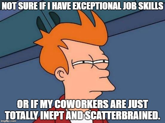 The lack of common sense and logic is astounding | NOT SURE IF I HAVE EXCEPTIONAL JOB SKILLS; OR IF MY COWORKERS ARE JUST TOTALLY INEPT AND SCATTERBRAINED. | image tagged in memes,futurama fry,work,common sense | made w/ Imgflip meme maker