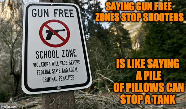 Of course Liberals disagree | SAYING GUN FREE ZONES STOP SHOOTERS; IS LIKE SAYING A PILE OF PILLOWS CAN STOP A TANK | image tagged in gun free zone | made w/ Imgflip meme maker