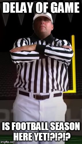 Is football season here yet? | DELAY OF GAME; IS FOOTBALL SEASON HERE YET!?!?!? | image tagged in delay of game,football,sports abyss,referee,zebra | made w/ Imgflip meme maker