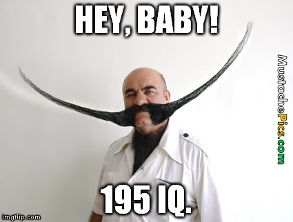 big mustache | HEY, BABY! 195 IQ. | image tagged in big mustache | made w/ Imgflip meme maker