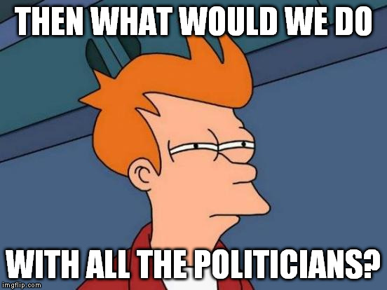 Futurama Fry Meme | THEN WHAT WOULD WE DO WITH ALL THE POLITICIANS? | image tagged in memes,futurama fry | made w/ Imgflip meme maker